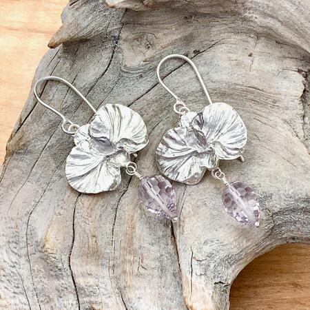 Silver Orchid and Pink Amethyst Earrings