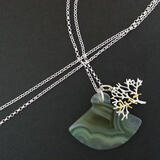 SOLD. Green Agate Art Deco Silver Tree Birdies Necklace