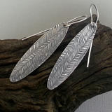 Long Feather Textured Patinated Silver Earrings