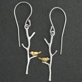 Gold Bird on Branch/Tree Silver Earrings