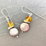 Pearl and Amber Sterling Silver Earrings,
