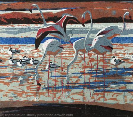 Flamingos and Avocets by Robert Greenhalf