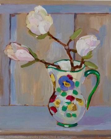 Magnolia flowers in majolica jug