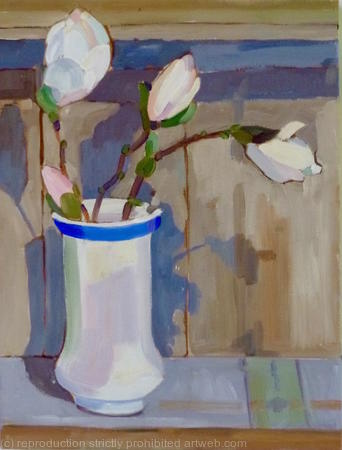 Little pottery vase with Magnolia buds