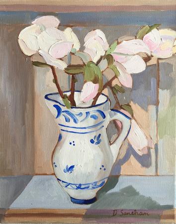 Little blue and white majolica jug with Magnolia buds