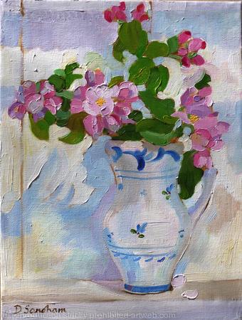 Little blue and white Majolica jug with apple blossom