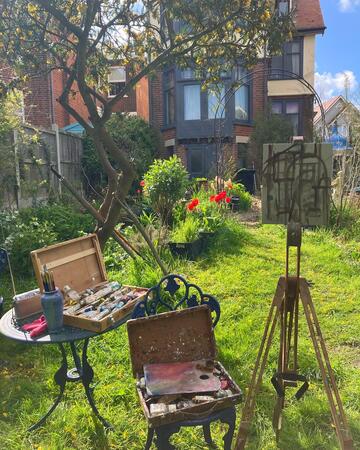 painting tulips in the garden 