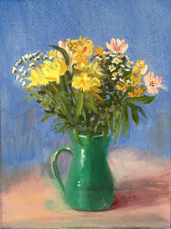 Yellow and white bouquet in a green jug