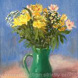 Yellow and white bouquet in a green jug