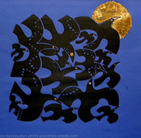 FLYING PAST # 1 WITH GOLD MOON On dark blue