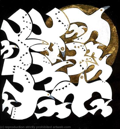 WHITE BIRDS AND GOLD MOON On Black