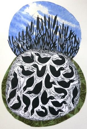 DUCK POND   BULLRUSHES   BLUE SKY